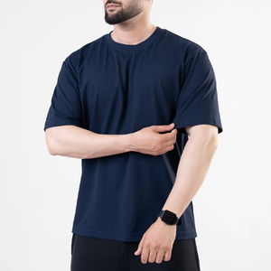 T-shirt Homme Streetwear Bleu Marine Uni en Coton Lourd Coupe Ample Épaules Tombantes Personnalisable Vente en Gros - Product Image 5