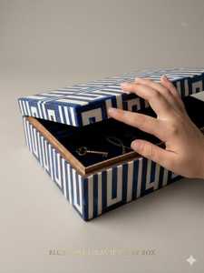 Handmade Blue Bone Inlay Jewelry <b>Box</b> Geometric Pattern Jewelry Storage Organizer Decorative Keepsake <b>Trinket</b> <b>Box</b> for Home Decor - Product Image 5