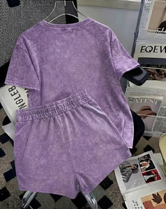 Women Terry Cotton Sweatpants Purple Solid Color Casual Loose Fit Full Length With Pocket And Drawstring Waistband - Product Image 2