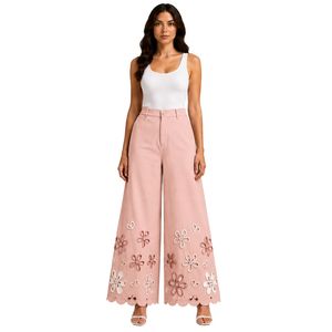 Pantalones Palazzo de Pierna Ancha Rosa Rubor con Bordado Floral Blanco de Cintura Alta para Mujer, de Algodón, Personalizados OEM, Ropa Premium - Product Image 1