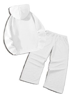 Unisex <b>White</b> Cotton Tracksuit Set Hooded <b>Sweatshirt</b> Full Length Pants Solid Color Casual Autumn Wear Regular Fit Drawstring - Product Image 2