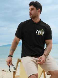 Polo noir pour homme avec imprimé palmiers et lettres, style vacances, été - Product Image 6