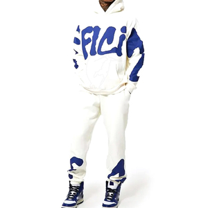 Survêtement blanc à capuche pour homme, imprimé color block bleu, coupe droite longue, 100 % coton, streetwear, sweat-shirt et pantalon de maternité - Product Image 6