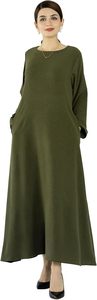 Abaya pour femme vert olive uni, manches longues, col rond, longueur ras du sol, robe modeste avec fentes et poches, pour usage quotidien - Product Image 2