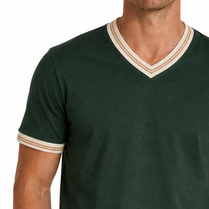 Stylish trendy Men's Dark Green V-Neck T-Shirt with Cream and Tan Double Stripe Ribbed v neck and Sleeve Cuffs - Product Image 2