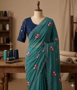 Star Georgette with beautiful flower Work <b>Saree</b> With Contrast Running <b>Blouse</b> - Product Image 3