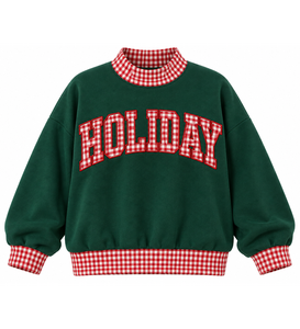Sudadera de punto verde para mujer con cuello y puños de guinga roja, estampado de letras festivas, jersey de cuello alto, tops de invierno - Product Image 6