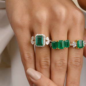 18K White <b>Gold</b> Oval Emerald Diamond Halo <b>Cocktail</b> <b>Ring</b> Resizable - Product Image 6