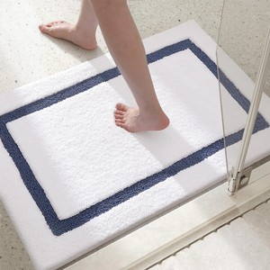 Classic Rectangular Cotton Bath <b>Mat</b> with Blue Geometric Border Non-<b>Slip</b> Rubber Backing for Home Use - Product Image 5