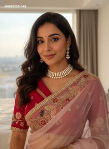 Sari en soie de créateur fantaisie avec bordure fleurie et feuillagée, cordon brodé et travail de sequins de 3 mm - Ensemble prêt-à-porter avec chemisier Saree Love - Product Image 2