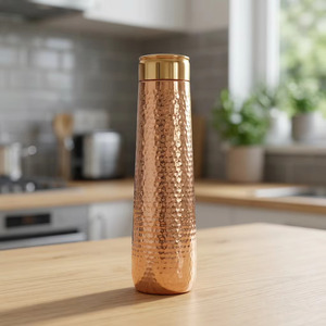 Premium Hand-Hammered Pure Copper Water Bottle Mirror Polished Drinkware Copper Flask Tapered Sports Bottle with Flush Cap - Product Image 1