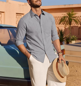 Camisa de Lino Francés 100% para Hombre, Manga Larga, Casual, de Algodón, Corte Regular, para Boda, Playa, Verano, con Botones - Product Image 5