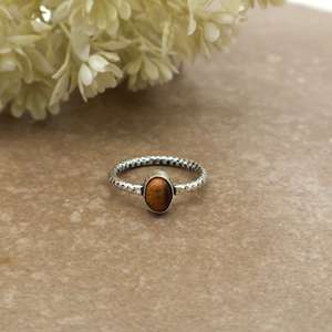 Handmade Brass 925 <b>Silver</b> Plated Natural Tiger Eye Bezel Set Dainty Oval Gemstone <b>Solitaire</b> Textured Hammered Band Boho <b>Ring</b> - Product Image 1