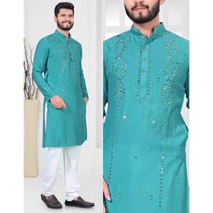 DISEÑADOR VISCOSA ESPEJO TRABAJO HOMBRE KURTA CON PAYJAMA SKY - Product Image 1