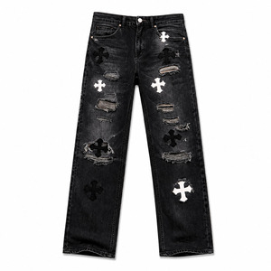 High Quality Custom Design Distressed Cross Patch Denim <b>Jeans</b> <b>Men</b> Stretch Baggy Trousers Fashion Straight Ripped <b>Jeans</b> <b>Men</b> - Product Image 1