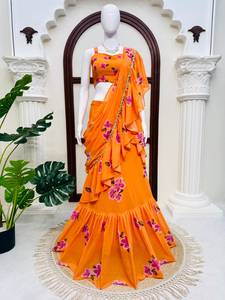 Sari indio de Bollywood, el más vendido, de georgette, impresionante, elegante, de estilo étnico, a la moda, de exportación, lo último en ropa nupcial exclusiva, largo hasta el suelo. - Product Image 4
