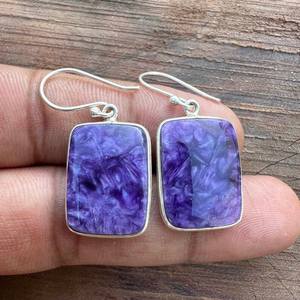 Pendientes colgantes de charoita natural, plata de ley 925, hechos a mano, joyería para mujer, pendientes minimalistas con piedras preciosas, regalo para ella - Product Image 2