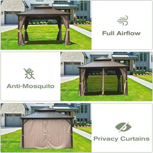 Gazebo de Aluminio de 12 x 14 pies con Techo Doble y Pérgola Permanente de Acero Galvanizado con Cortina y Mosquitera - Product Image 5