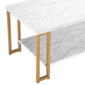 Table basse simple à double couche en tuyau de fer doré 106 x 50 x 48 cm rectangulaire avec plateau en PVC imitation marbre - Product Image 5