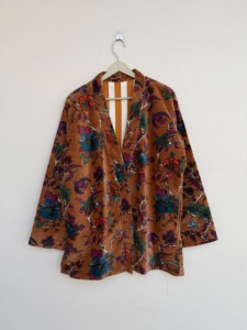 Floral <b>Velvet</b> Kimono Jacket For <b>Women</b> Long Sleeve Open Front Brown <b>Coat</b> - Product Image 1