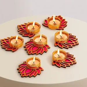 Wooden Tea Light Holders Floral Design <b>Red</b> Gold Home Decoration <b>Candle</b> Stands Set of 7 - Product Image 1