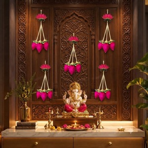 Handmade Traditional Pink Lotus Buds <b>Wall</b> Hanging Garland <b>Artificial</b> Solawood Lotus <b>Flower</b> Latkan Pearl Beads Ramadan Diwali - Product Image 2