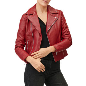 Veste moto en cuir PU rouge pour femme, col montant, fermeture éclair, manches longues, style automne - Product Image 2