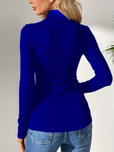 Pull à col rond pour femme, printemps automne, couleurs contrastées, t-shirt décontracté à manches longues, 100% coton biologique - Product Image 4