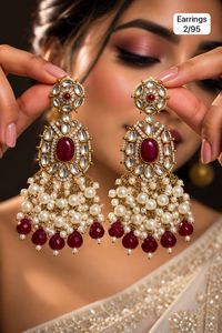 Boucles d'oreilles pendantes Kundan en imitation perle, plaquées or, motif floral, bijoux tendance pour femme, pour fêtes et mariages - Product Image 3
