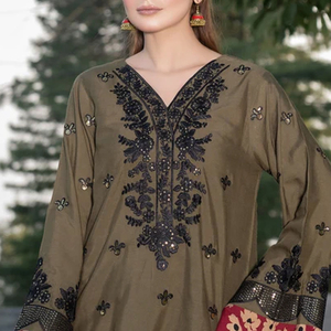 Ensemble de vêtements ethniques pakistanais à la mode, 2 pièces, en lin, à fleurs, couleur unie, robe décontractée pour femmes, ensemble élégant Kurta Dupatta - Product Image 6