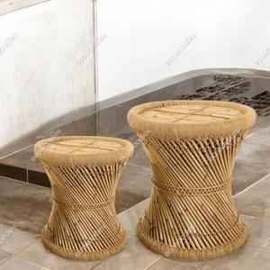 Portable Boho Pouffe Ottoman Set 2 Natural Bamboo Wicker Traditional Bone Inlay Console Stool for Hotel School Villa Bedroom - Product Image 1