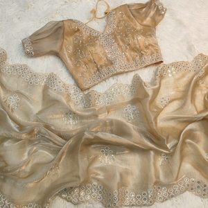 Sari de seda de diseñador con bordado de lentejuelas y blusa cosida CHIKU - Product Image 1