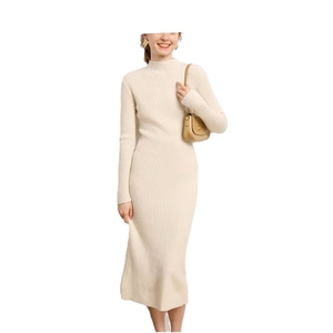 Vestido de Suéter Midi de Lana Tejida, Cuello Alto, Manga Larga, Color Sólido, Ropa de Otoño para Mujer, Transpirable, de Alta Calidad - Product Image 1