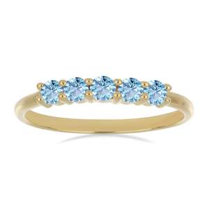 Anillo de Lujo de Oro Sólido de 14k con Cinco Piedras de Aguamarina de Corte Redondo, Anillo Clásico con Engaste de Garras Compartidas - Product Image 1