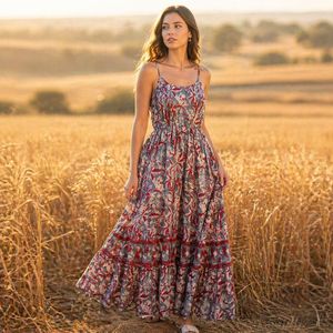 Vestido maxi de algodón estampado para mujer, sin mangas, con tirantes finos, corte en A, estilo flare, para verano, vacaciones, playa, transpirable, 100% algodón - Product Image 4