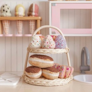 Pretend play kitchen accessories for toddler toys rattan <b>cake</b> <b>stand</b> kids toy tiered food <b>stands</b> - Product Image 3