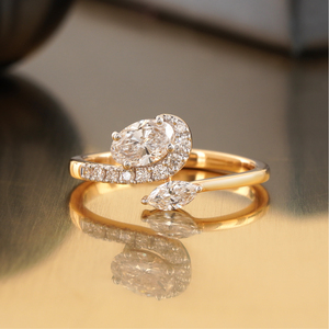 0.52 CT Lab Grown Oval Marquise Diamond Bypass Halo <b>Ring</b> 14K Yellow and White Gold <b>Two</b> <b>Stone</b> Engagement Jewelry VS1 Clarity - Product Image 1