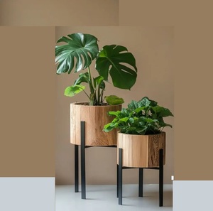 Modern Eco-Friendly Durable <b>Wood</b> & Metal <b>Planter</b> Stand Set 2 Pieces <b>Tall</b> Flower Pot Holder Indoor Outdoor Home Decor - Product Image 1