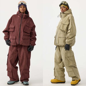 Unisex Corduroy Hooded Safari <b>Jacket</b> Set <b>Waterproof</b> Workwear Style <b>Winter</b> Thick Pockets Zipper Closure Solid Color Loose Fit - Product Image 1