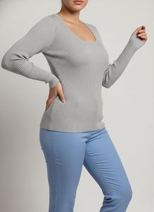 Suéter Gris con Cuello Redondo y Tejido Acanalado para Mujer, Top de Punto Elástico de Manga Larga - Product Image 4