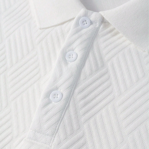 Chemise Homme Tricotée Jacquard Texturée Unie Respirante à Manches Courtes avec Col et Poignets Contrastants, Bordure Motif Clé Grecque, Style Smart Casual Tendance - Product Image 6