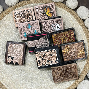 High Quality OEM Hand Tooled Genuine Cow Leather Bifold Fashion Short Multi <b>Card</b> <b>Holder</b> with ID Window Custom Logo Men's <b>Wallet</b> - Product Image 5