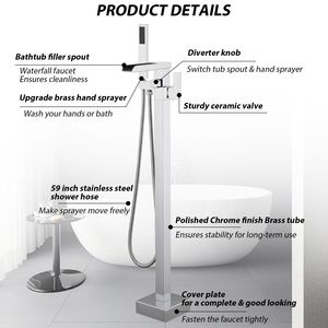 Rubinetto da Bagno Nero Opaco Autoportante con Cascata e Doccetta, Montaggio a Pavimento - Product Image 3