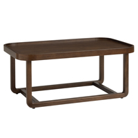 Table basse de salon ou de bureau de style moderne du milieu du siècle, finition noyer, plateau incurvé avec pieds en bois