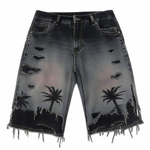 Pantalones Cortos de Mezclilla con Bajo Deshilachado y Teñido Personalizado para Hombre, Diseño Desgastado con Hojas de Arce, Hechos en Pakistán, Estilo Fitness/Casual con Malla - Product Image 4