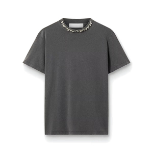 Camiseta de algodón y poliéster de manga corta con cuello redondo para mujer, lavado ácido, ajuste regular, informal, transpirable, de secado rápido, con pedrería, ideal para verano. - Product Image 2