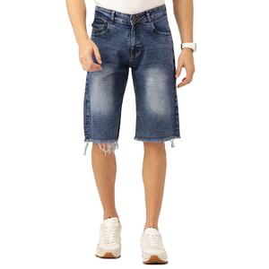 Shorts en jean pour homme, brodés, à ourlet effiloché orné de cristaux, coupe slim, en coton bleu délavé, décontractés, d'été, style streetwear - Product Image 1