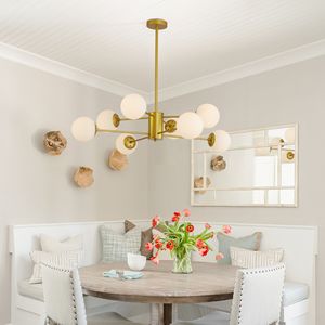 Moderno lampadario in oro a 8 luci a sfera in vetro bianco elegante lampada a soffitto di Design ramificato della metà del secolo per sala da pranzo - Product Image 4