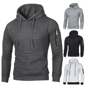 Sweat à capuche décontracté pour homme, coupe ajustée, en maille gaufrée, avec poche zippée, pour l'automne, manches classiques, couleur unie - Product Image 1