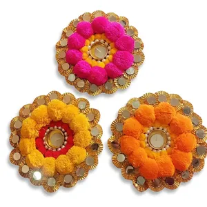 Handmade Round Tea Light Holder with Colorful Pom Pom <b>Flowers</b> and <b>Mirror</b> Accents for Home Decoration - Product Image 2
